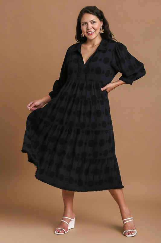 Black Full Size Solid Dotted Midi Dress Elegant Plus Size Fashion Women Dress