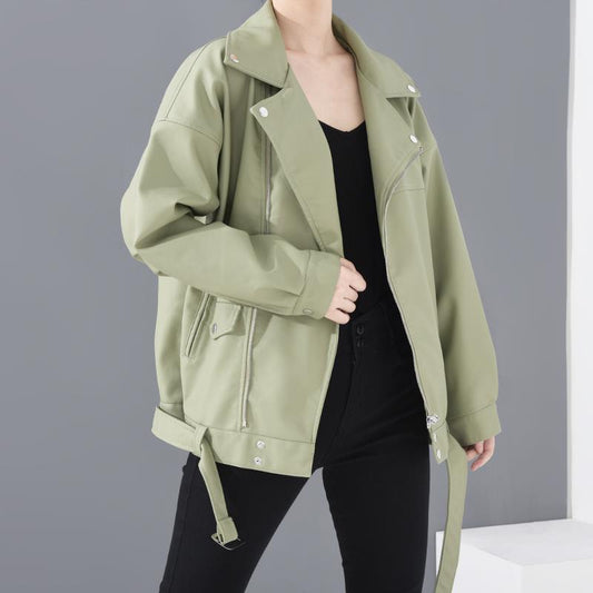 PU Faux Leather Jacket Women Loose Sashes Casual Biker Jackets Outwear Female Tops BF Style Black Leather Jacket Coat
