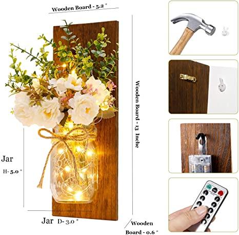 2 Pack Rustic Jar Fairy Strip Lights Wall Decor Hydrangea Sconces Decorative Home Chic Hanging LED FlowersHanging Design with Remote Control LED Fairy Lights and White Peony, Farmhouse Kitchen Decorations Wall Home Decor Living Room Lights Set of Two