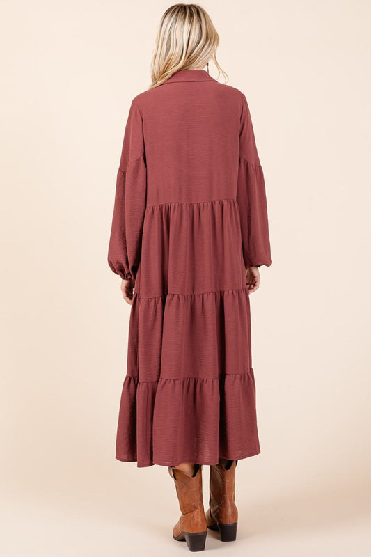 Tiered Button Down Long Sleeve Midi Dress For Women – Button Down Midi Dress, Long Sleeve Tiered Dress, Feminine Midi Dress, Button Front Dress, Elegant Long Sleeve Dress