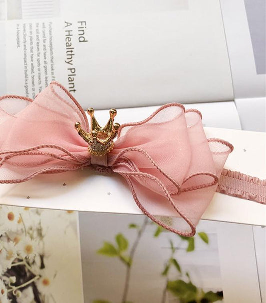 Luxury Modern Pearl Handmade Baby Girls Bowknot Crown Headband Lace Elastic Hair Band Bow For Girls Baby