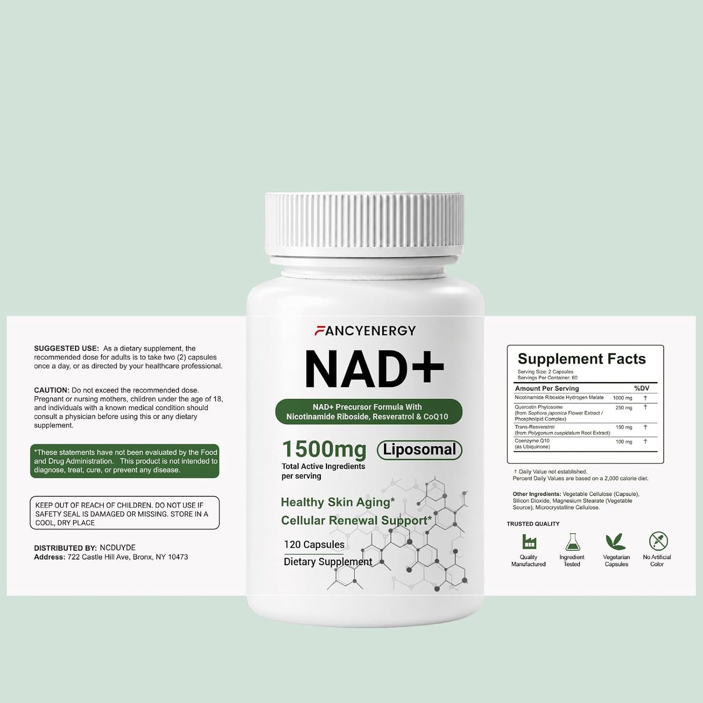 NAD+ Supplement, Liposomal NAD Nicotinamide Riboside Resveratrol 1500 mg - Anti-Aging & Brain Health, Improve Energy - Specifically for Women and Men, 120 Cout