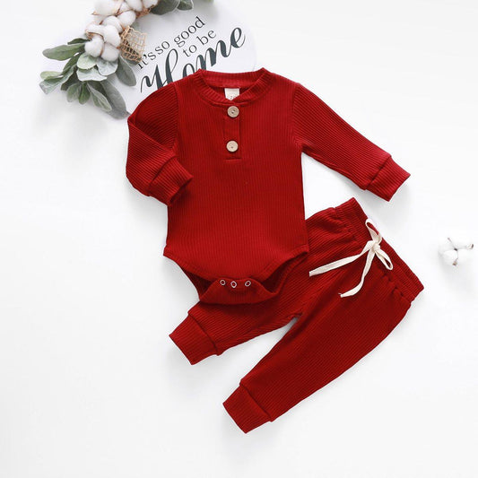 Infant Newborn Baby Spring Autumn Ribbed Solid Clothes Sets Long Sleeve Bodysuits , Elastic Pants 2PCs