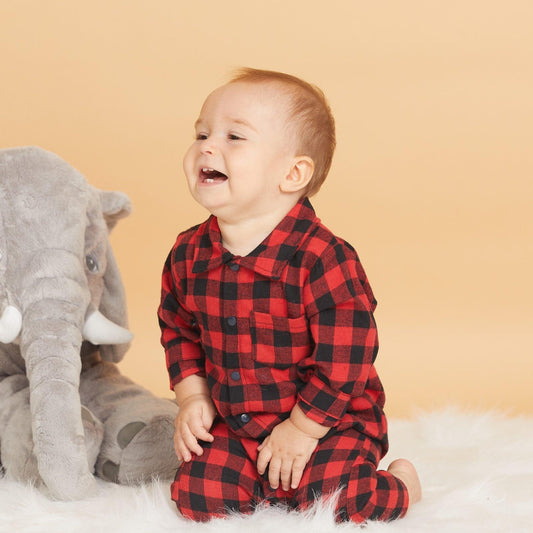 Spring Autumn Newborn Cotton Casual classic Plaid Collar Jumpsuit for Baby Boys / Girls In Elegant Retro Modern Style