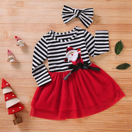 Newborn Baby Girls Long Sleeve Christmas Santa Striped Skirt Dress Outfits Unique Design