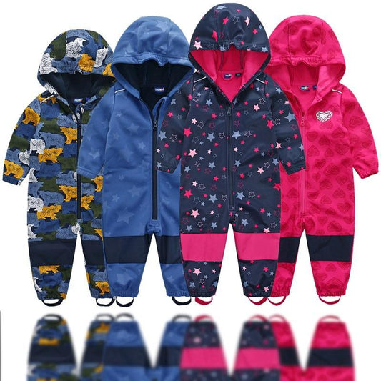 Ski suit For Children Soft Shell Outdoor Jacket Waterproof Fleece Lining Jumpsuit For Boys and Girls In Modern Colorful Design