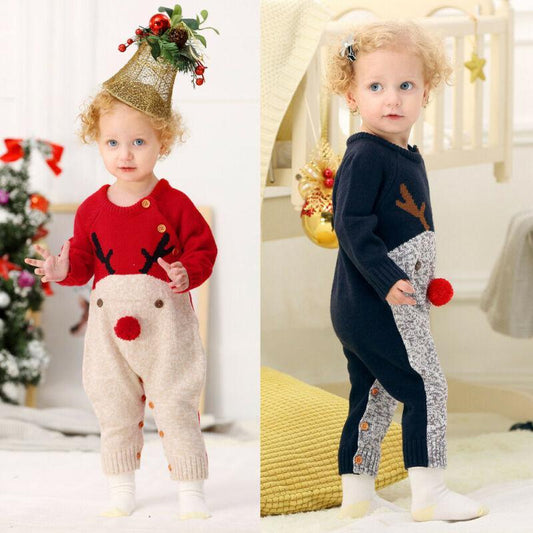 Baby Christmas Rompers Reindeer Knitted Jumpsuits Toddler Children Warm Wool Clothes 0-2Y For Boys and Girls Christmas Eve Costume