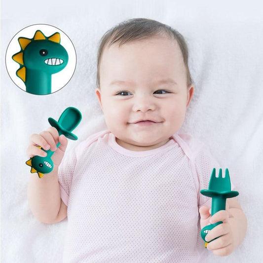 New Baby Feeding Spoon Fork Set Short Easy Cartoon Dinosaur Soft Silicone Teether Toys Non-hurt Training Tableware