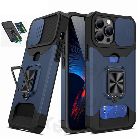 Slide Camera Cover Kickstand Card Wallet Case for iPhone11 X XS 8 Shockproof Protective Phone Case Wallet Case for iPhone With Sliding Camera Case With Kickstand Magnetic Adjustable Ring Holder