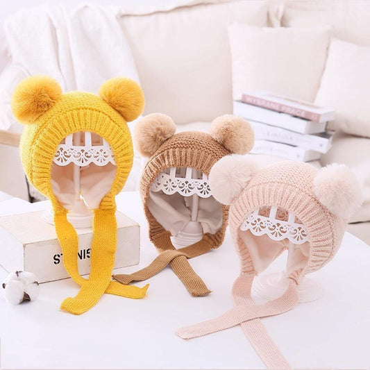 Handmade Modern Trend Winter Christmas Knitted Baby Hat Cute Double Pompom Infant Baby Boy Girl Cap Ear Protection Hats Kids Children Cap