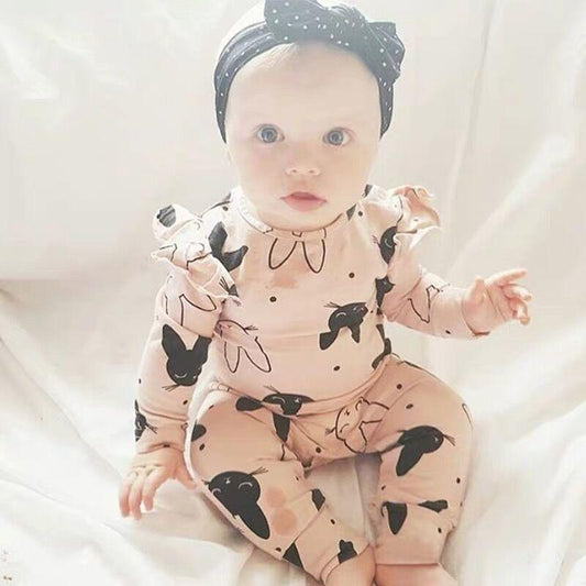 Modern Baby Girls Romper Cartoon Rabbit Pattern Cotton Long Sleeve Jumpsuit+Headband Outfits Set Jumpsuit With Bow