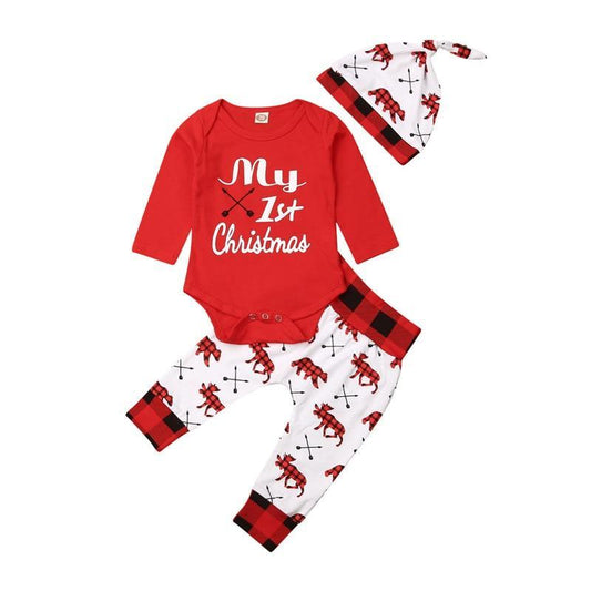 Casual New Baby Boy/Girl First Christmas printed Clothes Romper Trousers Hat Outfit Set