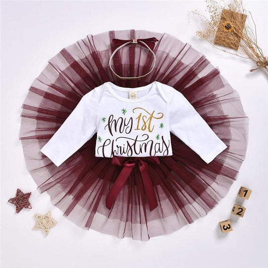 Luxury Newborn Toddler Baby Girl Clothes Set Long Sleeve Romper Christmas Princess Dress Mesh Skirt with Headband Set With Skirt Romper and Ribbon Bow