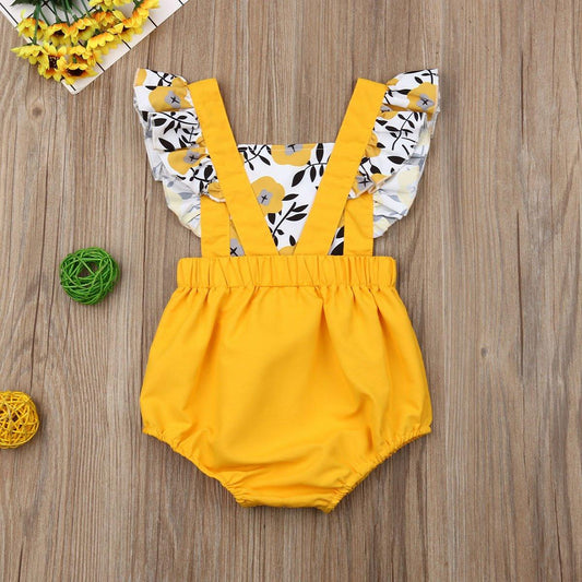 Summer Newborn Baby Girl Clothes Fly Sleeve Sunflower Print Romper Jumpsuit One-Piece Outfit For Girls