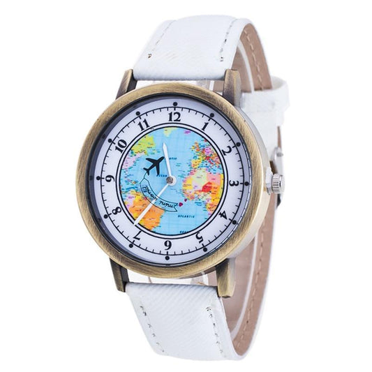 Fashion Casual Watches Women Casual Wristwatch Personality World Map With Airplane Pattern Cowboy Band Quartz Watch For Woman and Girls