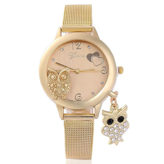 STEVVEX Gold Watch Brand Quartz Women Rose Gold Stainless Steel Mesh Belt Ladies Wristwatch Female Clock Owl (Gold) For Women and Girls