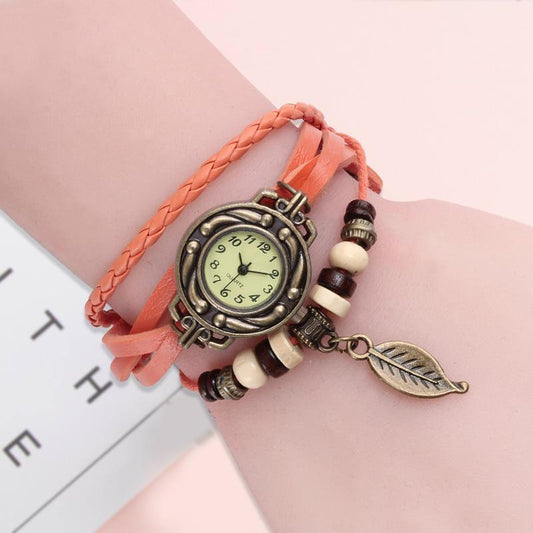 New Handmade Multicolor High Quality Women Genuine Leather Vintage Quartz Watch Bracelet Wristwatches leaf gift Christmas for Women and Girls