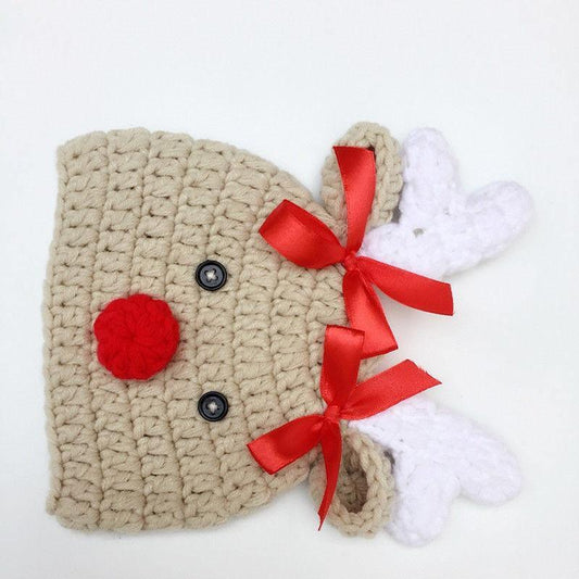 Luxury Handmade Christmas Newborn Infant Baby Boys and Girls Hats Cartoon Crochet Knitted Bowknot Deer Baby Cap For Winter