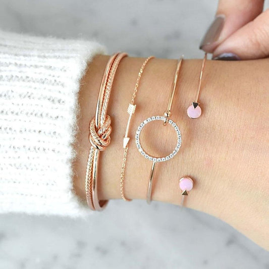 Luxury Modern Gold Crystal Circle Arrow Bracelets Set for Women In Bohemian Pink Opal Adjustable Charm Bracelet Jewelry Style for Women and Ladies