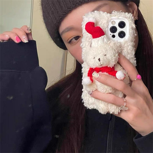 Cute Fluffy Santa 3D Teddy Bear Plush Christmas Case For Iphone 13 12 11 Pro Xs Max X Xr 7 8 Plus Se3 Shockproof Soft Cover Super Soft Winter Warm Funny Rabbit Ears Faux Fur Plush Fluffy Cover