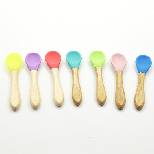 2PCS Bamboo Training Spoons Organic Soft Baby Feeding Silicone Tip Spoon Scoop Easy Grip Handle Toddlers Infant Gifts For Parents And Baby Boys Or Girls