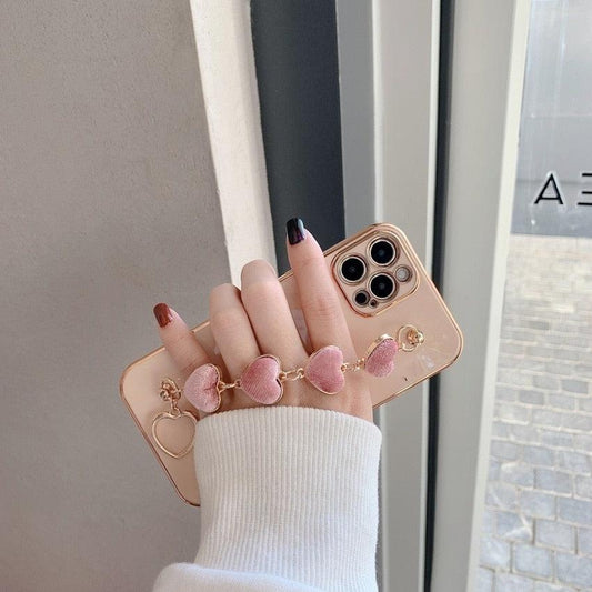 Luxury Women Silicone Phone Case Cover With Wrist Chain Bracelet for iPhone Wristband Bracelet Hand Holder Cover for iPhone 13 12 11 Pro Max plating Case Heart Chain Cases for iPhone 7 8 Plus XR XS Max X