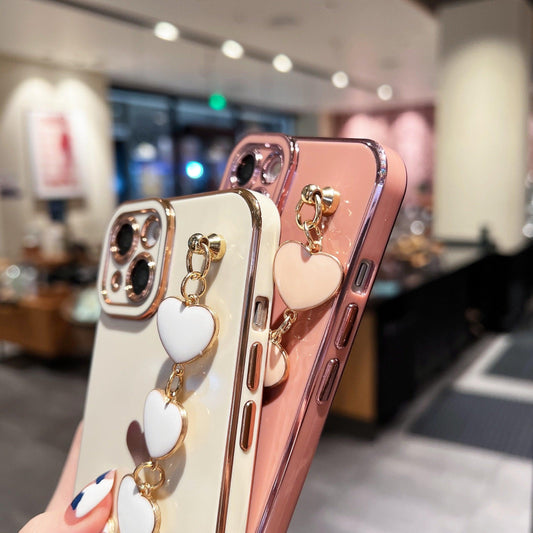Luxury Love Heart Elegant Sparkle Case With Chain Bracelet Strap Soft Protective Bumper Cover Compatible with iPhone Bracelet soft case for iPhone 12 Pro Max 11 pro max X XS XR 7 8 Plus Stylish Phone Cover