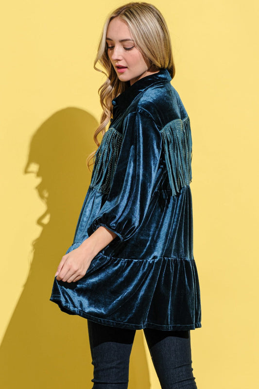 Fringe Detailed Velvet Shirt Dress – Velvet Shirt Dress, Fringe Detail Dress, Luxurious Shirt Dress, Elegant Velvet Dress, Playful Fringe Dress