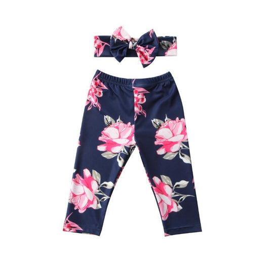 Luxury Modern Girls Summer Floral Baby Girls Pant with Headband Newborn Kid Girls Floral Bottoms Long Pants Trousers In Flower Design For Girls With Bow