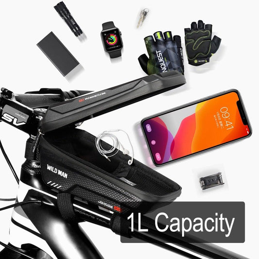 Black Bike Bag Frame Front Top Tube Cycling Bag Waterproof Phone Case Touchscreen Bag Pack Bicycle Accessories Bike Bicycle Bag Waterproof Bike Phone Mount Bag Front Frame Top Tube Handlebar Bag Touch Screen Holder Case For Cell Phones 6.6in
