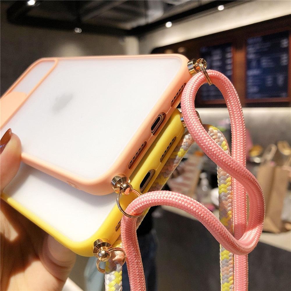 Camera Lens Protection Candy Color Phone Case For iPhone 14 13 12 11 Pro Necklace With Long Rope Lanyard Cover Camera Lens Protector Translucent Soft Edges Colorful Transparent iphone Cover