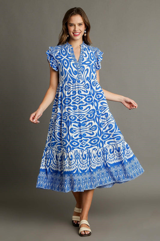 Blue Full Size Two-Tone Print Ruffle Cap Sleeve Midi Dress Plus Size Statement Piece Dress