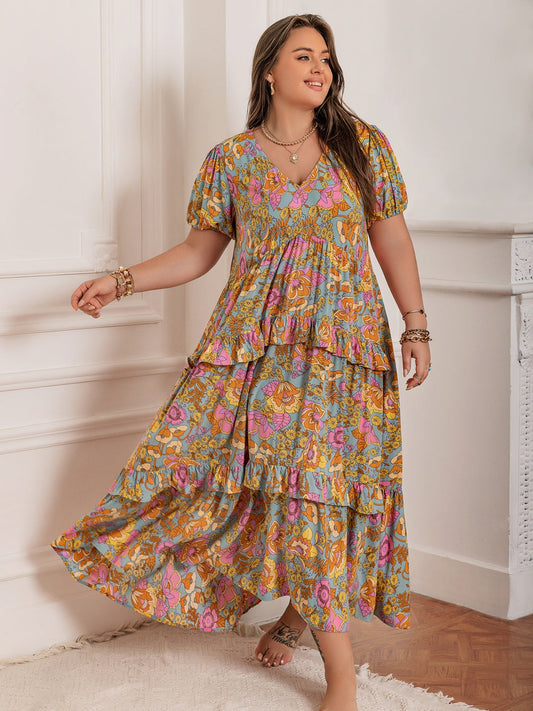 Plus Size Printed V-Neck Short Sleeve Maxi Dress Elegant & Flowy Summer Dress For Girls