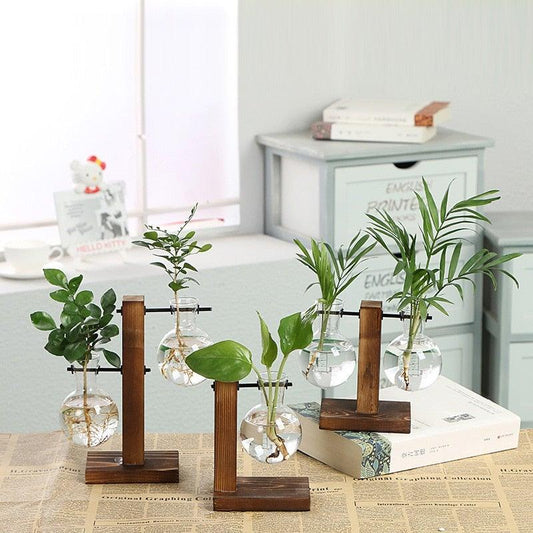 Glass Planter Bulb Vase Transparent Terrarium Hydroponic Vases For Home Garden Office Wedding Decor Wooden Stand Air Planter Bulb Glass Vase Propogation Station for Hydroponics Home Garden Office Decoration