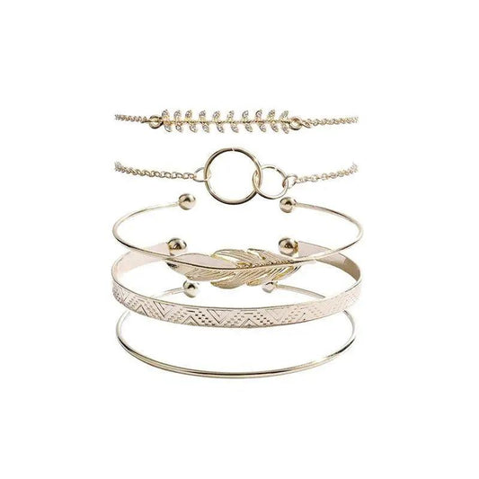 Luxruy Modern Bohemian Gold Color Moon Leaf Crystal Opal Open Bracelet Set for Women In Boho Beach Bangle Jewelry Style