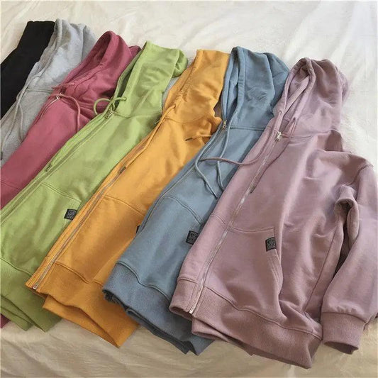 Modern With Hat Hoodies Women Kangaroo Pocket Casual Loose Solid Color Sweatshirt Female Fashion New Female Tops Sports Clothing Oversized Zip Hooded Sweatshirt Cotton Women Autumn Hoodie