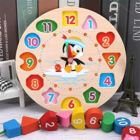Montessori Cartoon Animal Educational Wooden Beaded Geometry Digital Clock Puzzles Matching Clock Toy For Children