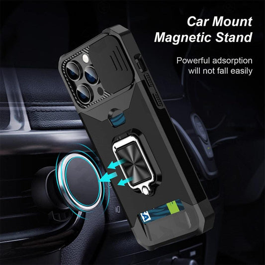 Multifunctional Card Holder Heavy Duty Protective iPhone Case For iPhone 14 13 12 11 Pro Max Slide Camera Kickstand Card Holder Slot Wallet Protective With Ring Stand Cover Magnetic Strong Phone Case