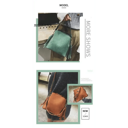 New Fashionable Scrub Women Bucket Bag Vintage Tassel Messenger Bag High Quality Shoulder Bag Simple Crossbody Bag For Females