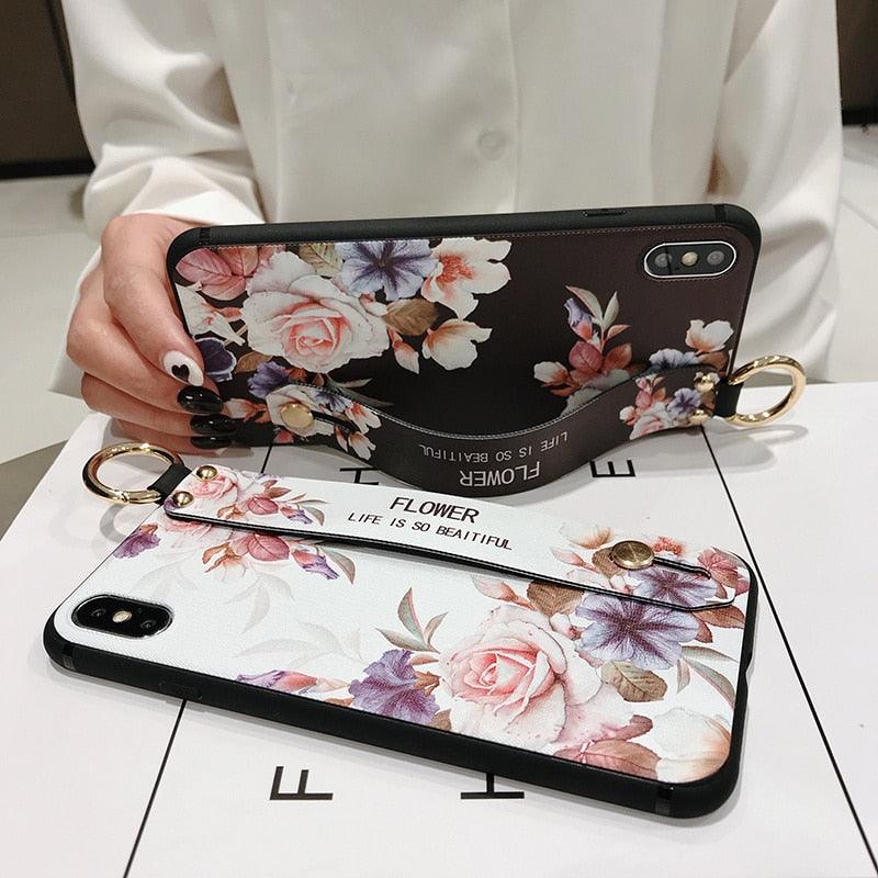 Rose Flowers Wrist Strap Phone Cases For iPhone 13 12 11 14 pro MAX X XR XS MAX 7 8 Plus Cover Hand Band Cases Soft Full Protection Slim Colorful Protective Phone Case For iPhone