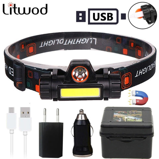 Waterproof 2 Light Mode USB LED Headlight With Magnet Rechargeable Headlamp Built-in 18650 Battery Flashlight COB Work Light For Outdoor Camping Cycling Fishing Headlamp Flashlight