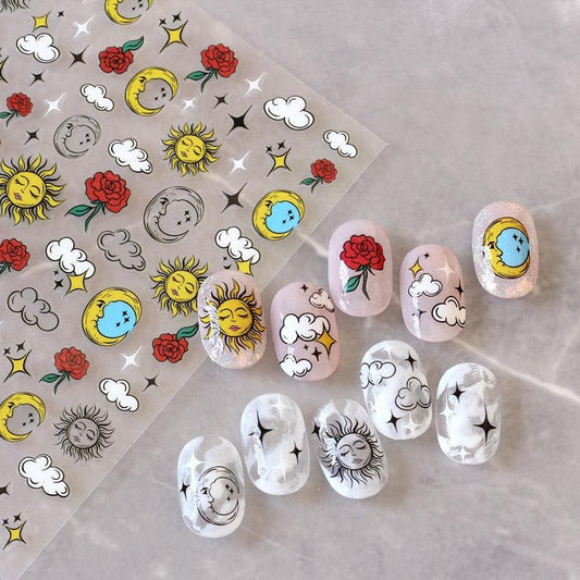 Yellow Smiles Sun Moon Clouds 3D Nail Stickers For Halloween Theme Slider Decals Nail Art Decorations Design 3D Self-Adhesive Nail Decorations Accessories Women Girls Manicure Decorations Nail Art Supplies Water Transfer Decals
