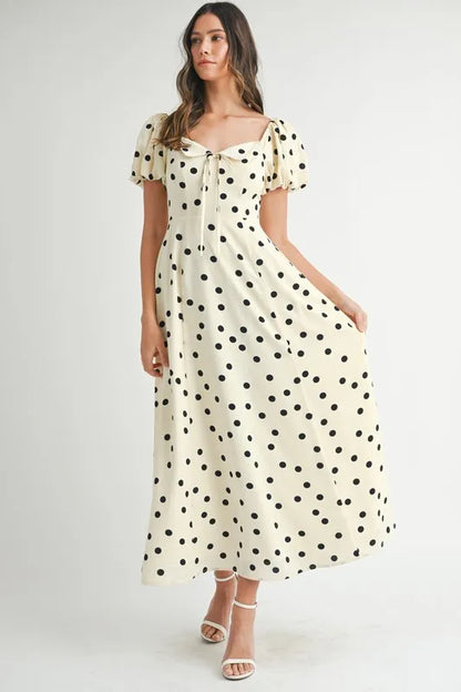 Polka Dot Puff Sleeve Midi Dress For Women – Vintage Fluttering Polka Dot Dress, Feminine Puff Sleeve Dress, Retro Midi Dress, Classic Chic Dress