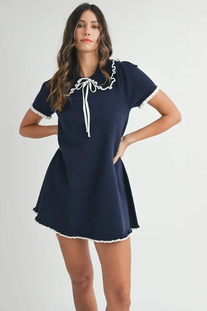 Ruffle Trimmed Collar Fine Knit Mini Dress For Women – Ruffle Mini Dress, Fine Knit Dress, Collar Dress, Feminine Mini Dress, Chic Knit Dress