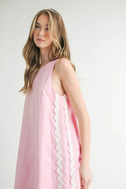Linen Mix Side Ric Rac A-Line Mini Dress for Women – Casual Mini Dress, Summer Dress, A-Line Dress, Chic Peasant Dress, Vacation Dress, Flattering Fit Dress