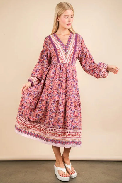 Floral Printed Boho V-Neck Balloon Sleeve Dress For Summer – Boho V-Neck Dress, Balloon Sleeve Dress, Floral Printed Dress, Feminine Boho Dress, Chic Summer Dress