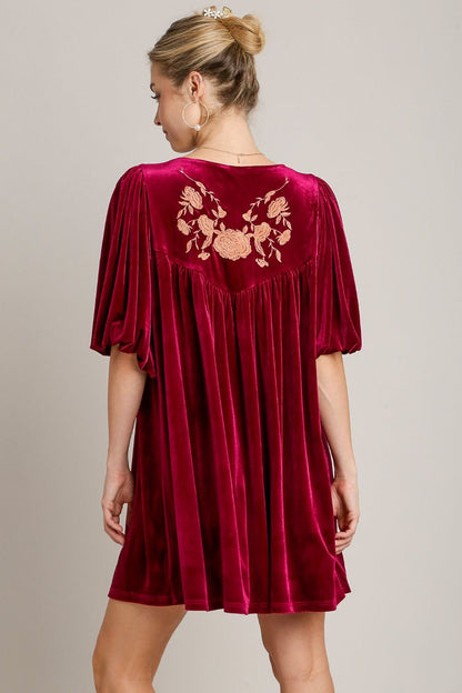 Embroidered Half Sleeve Velvet Mini Dress with Tassel For Women – Luxurious Velvet Dress, Embroidered Tassel Mini Dress, Elegant Party Dress