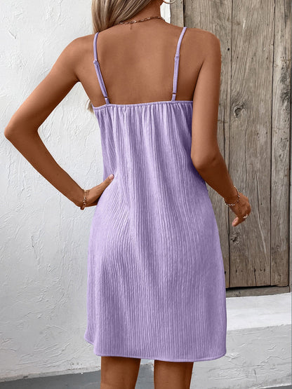Elegant Textured V-Neck Sleeveless Mini Dress Chic Buttoned Summer Dress Classic Dress