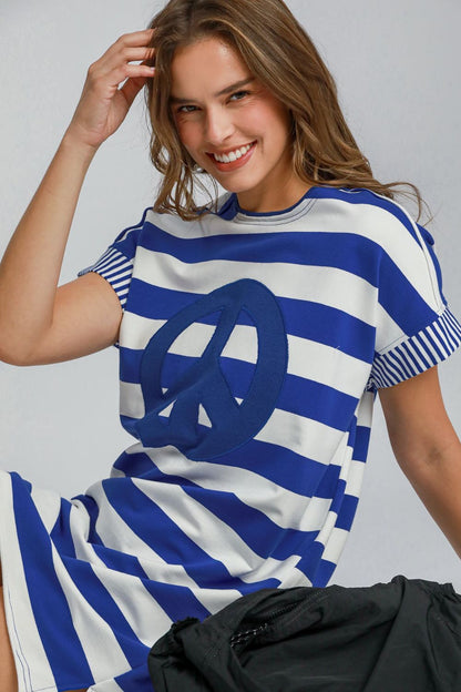 Peace Applique Striped Short Sleeve Mini Dress – Fun Peace Sign Detail, Striped Pattern, High-Low Design for a Trendy and Versatile Look