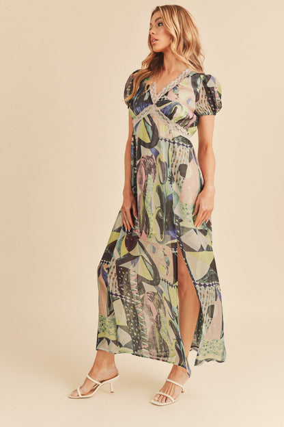 Lace Detail Slit Geometric Print Short Sleeve Maxi Comfortable Dress For Women, Elegant Lace, Alluring Slit, Sophisticated Geometric Print for Casual & Dressy Occasions